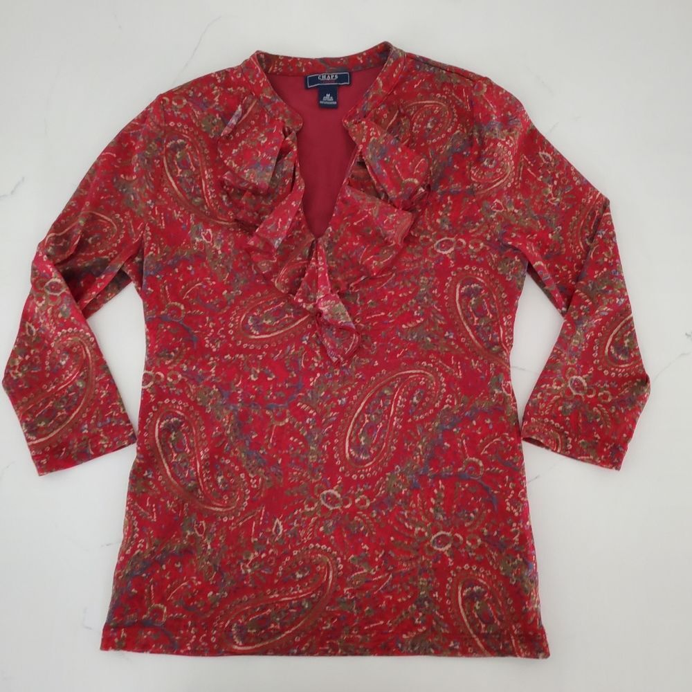 Chaps Women's Blouse Medium Red Green Paisley Romantic 3/4 Sleeve Top Shirt